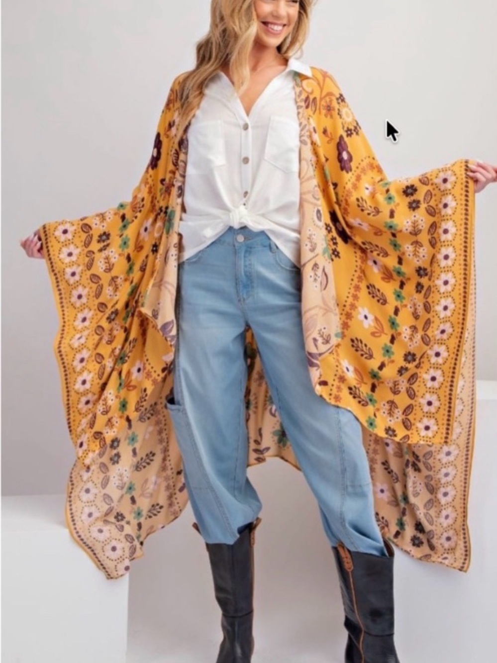 Easel Bohol Mustard Floral Kimono Duster